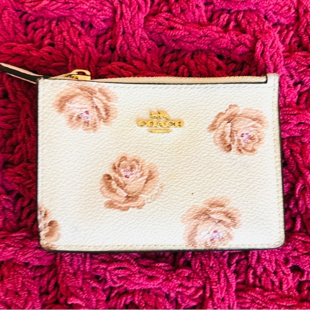 Coach Canvas Card Case Wallet White With Floral Print